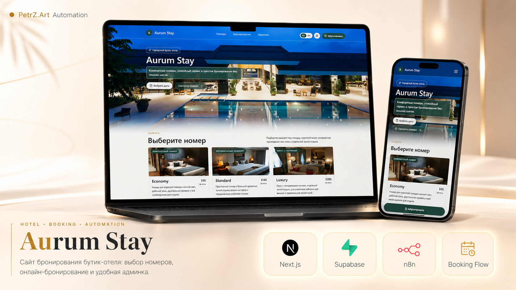 Aurum Stay — мокап сайта бронирования и админки отеля