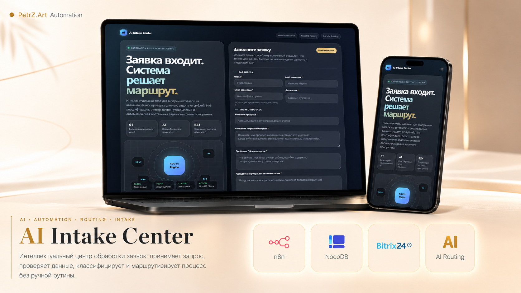 AI Intake Center — мокап формы заявки, AI-обработки и CRM-сценария